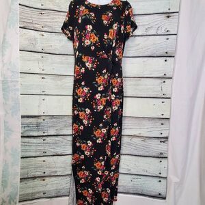 Maurices S Black Floral Maxi Dress Short Sleeve Stretch Slit Side